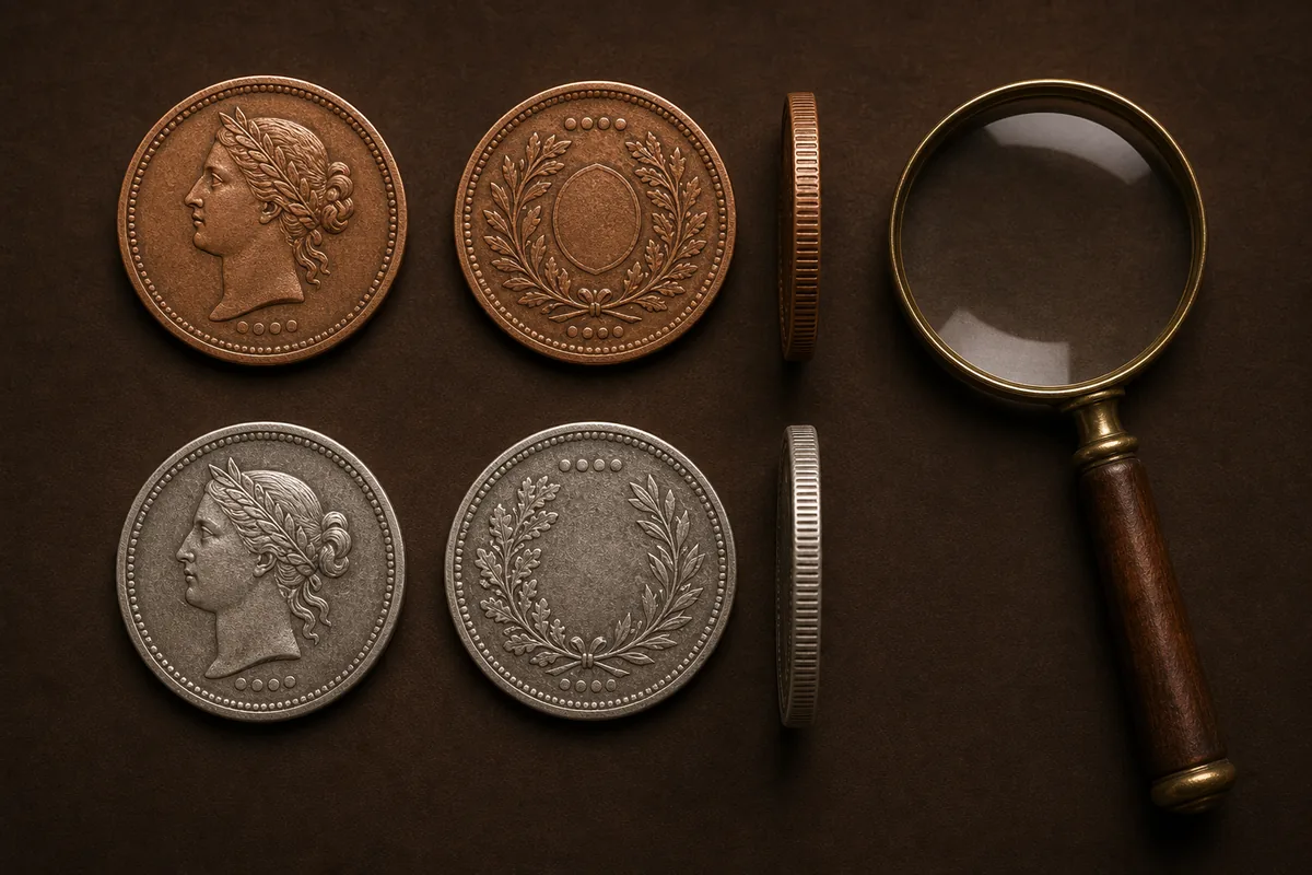 Editorial illustration of generic coin faces, a coin edge, and a magnifying glass for a coin identification guide