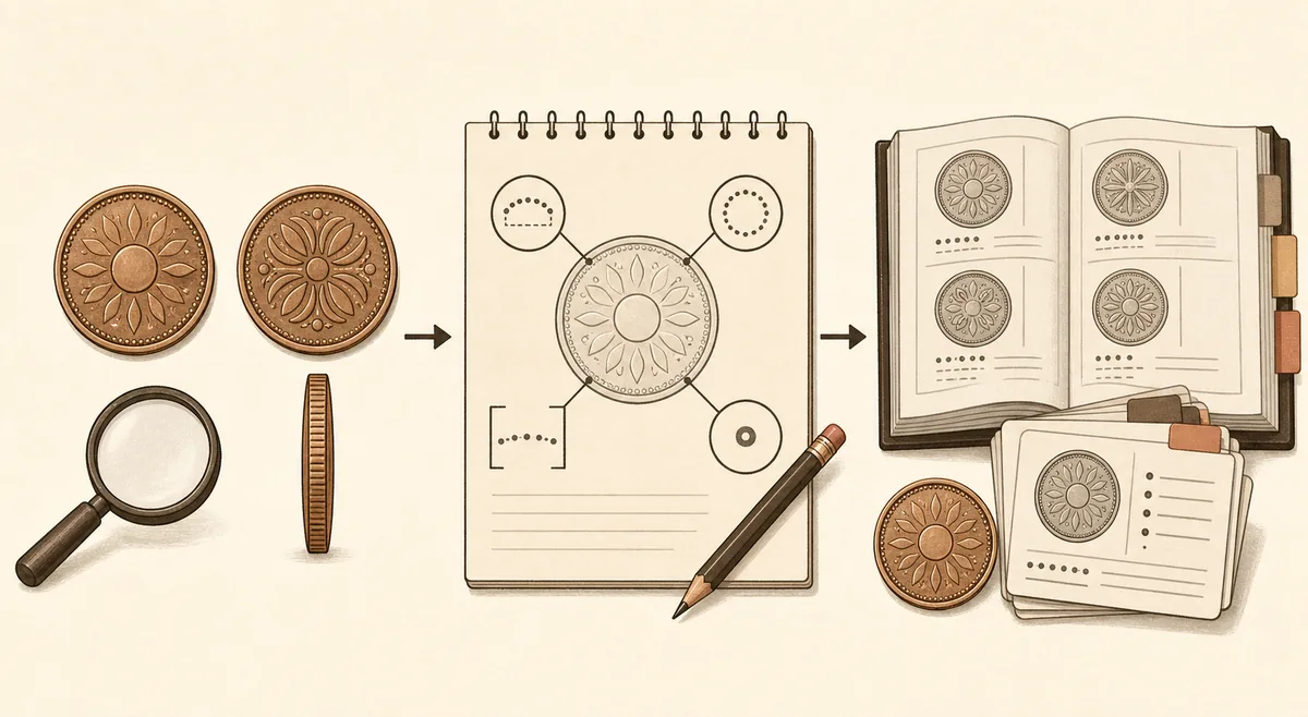 Editorial diagram showing observation, note taking, and reference catalog comparison in a coin identification workflow