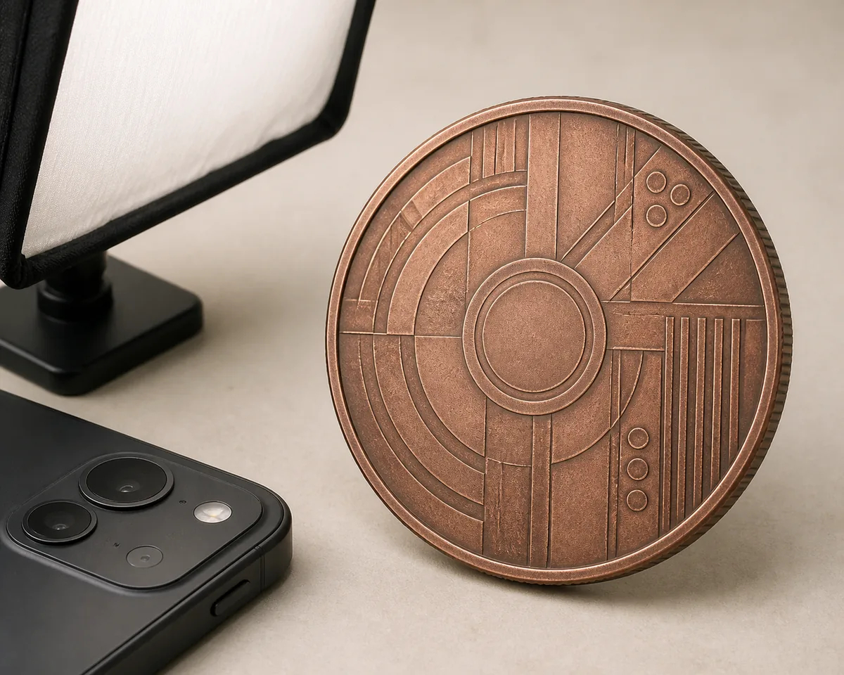 Editorial still life showing a generic coin, phone camera, and soft light for a clear identification photo